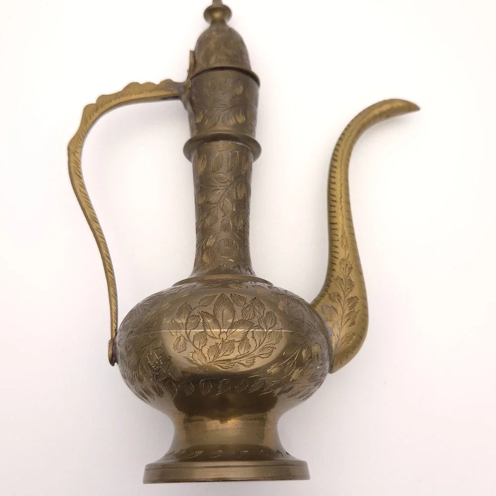 Beautiful Vintage 60s Aftaba Ewer Indian Brass Tea coffee Pot Signed Hand carved